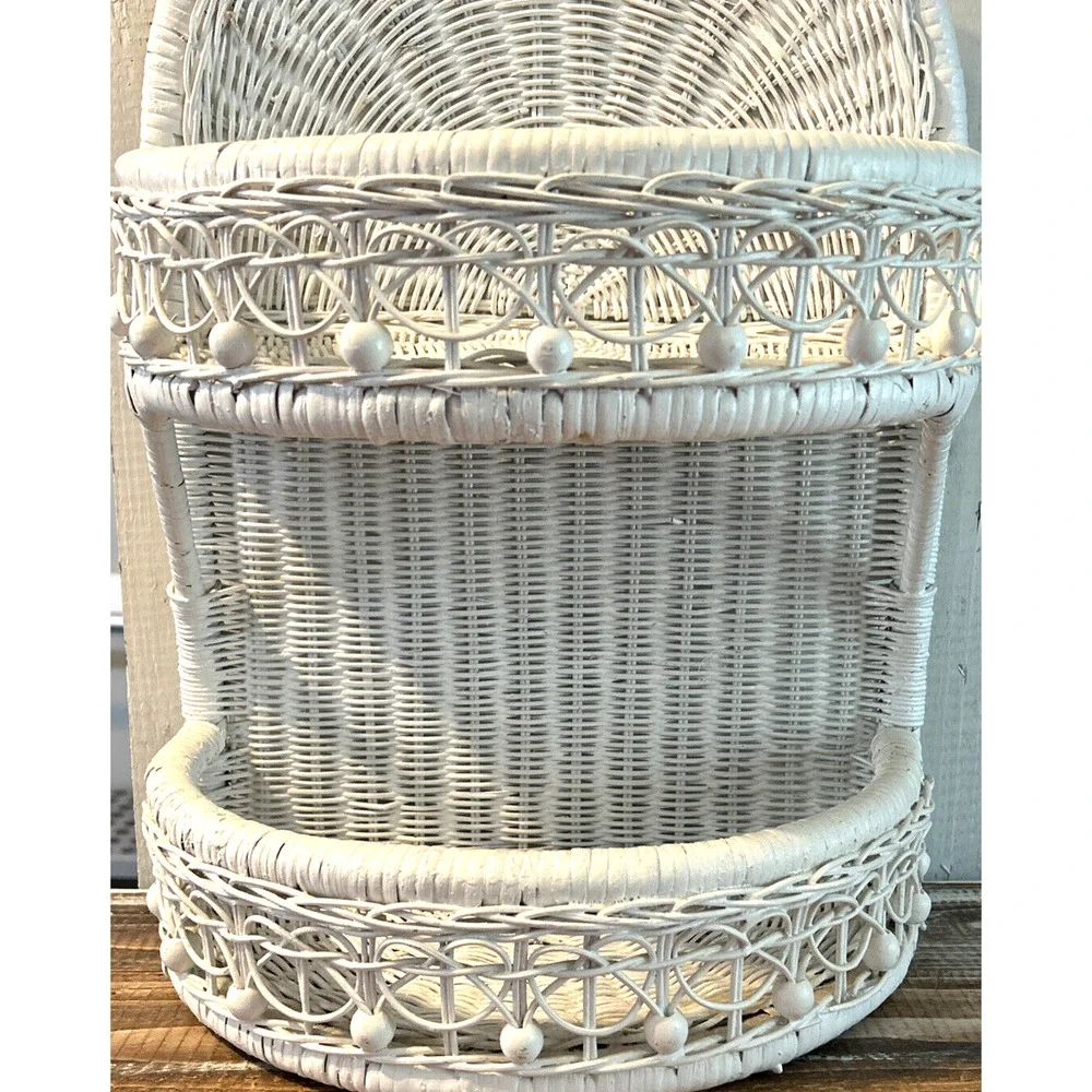 Vintage White Wicker Wall Shelf 2 Tier Hanging Standing Boho Cottage Farmhouse